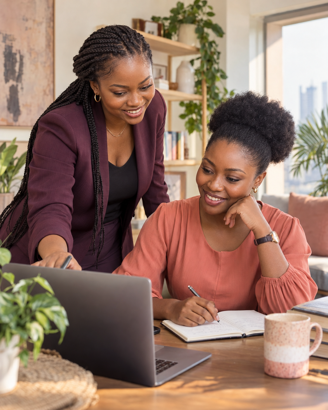 Two Nigerian women learning together with a laptop and notebook